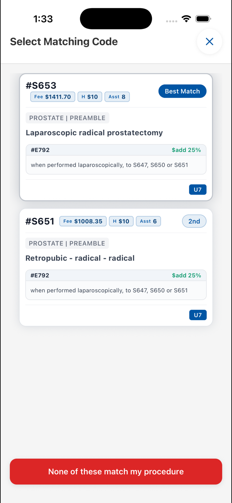 Codefinder MD comparing the top ranked matching codes