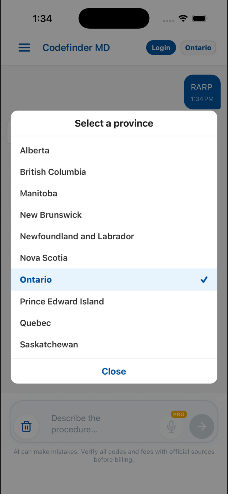 Codefinder MD province picker covering all 10 provinces